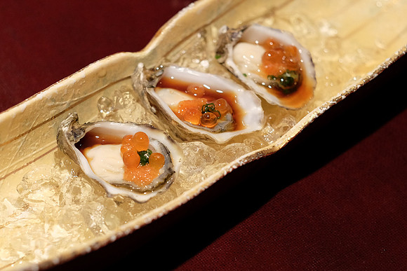 Willapa Bay Shigoku Oysters with Salmon Roe and Momiji Ponzu Sauce