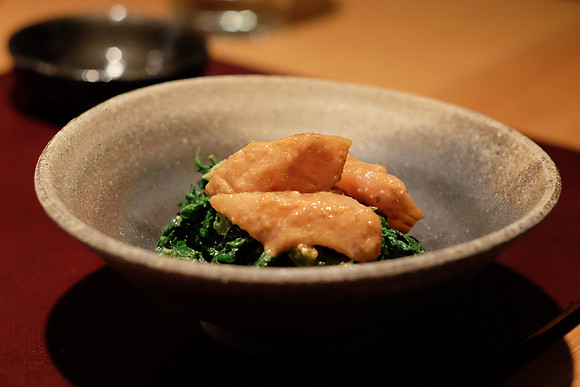 Mustard Greens and Washington Albacore and Almond Wasabi Sauce